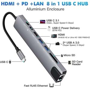 Type C To Hdmi Usb 3.0 Sd MicroSD 8in1 Kart Rj45 Ethernet Çevirici Dönüştürücü Adaptör 4681