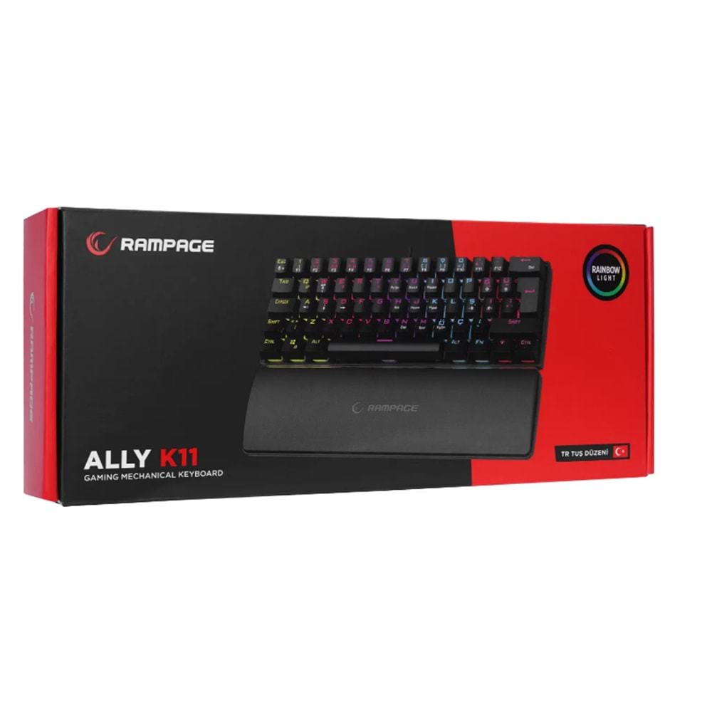 Rampage ALLY K11 Siyah Rainbow Q Bilek Destekli Blue Switch Mekanik Gaming (Oyuncu) Klavye