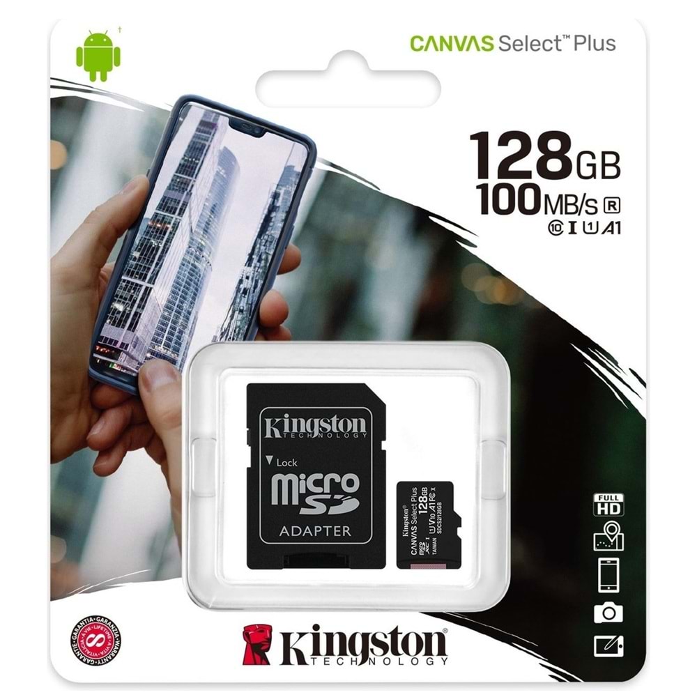 Kingston SDCS2-128GB 128GB micSDXC Canvas Select Plus 100R A1 C10 Card + ADP Hafıza Kartı