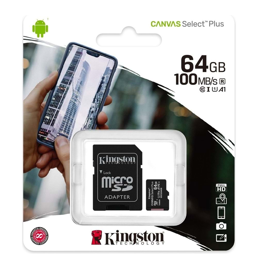 Kingston SDCS2-64GB 64GB micSDXC Canvas Select Plus 100R A1 C10 Card + ADP Hafıza Kartı