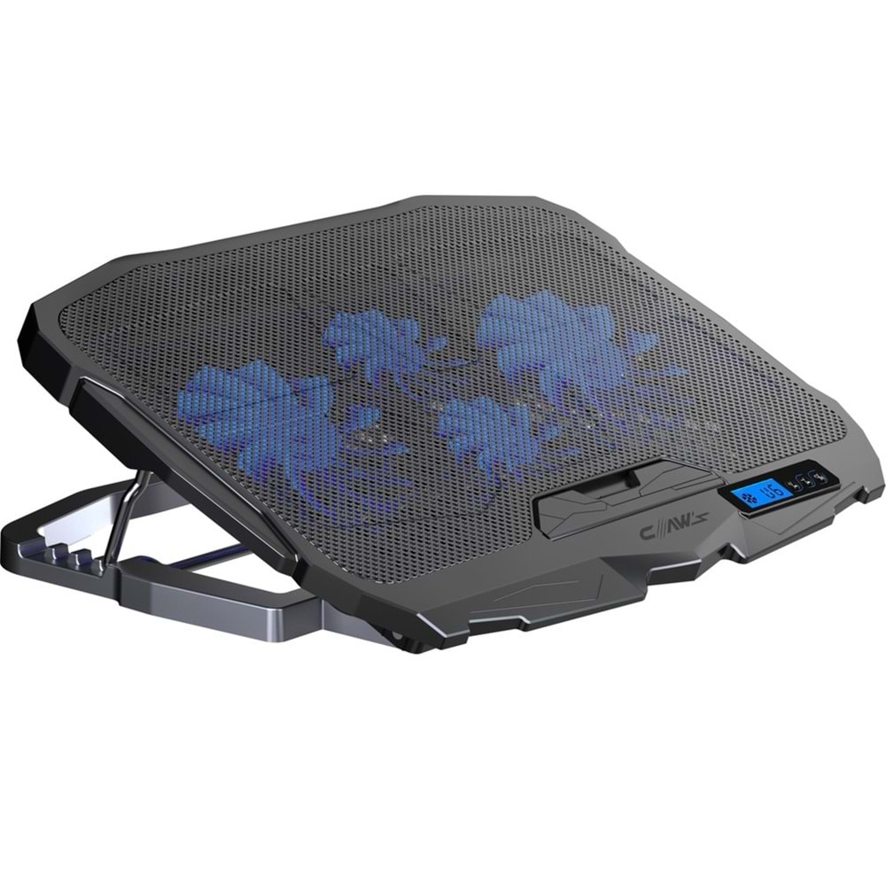 Claw's Tornado 4x Turbo LED Fan - Ayarlabilir Fan Hızı & 6 Farklı Stand Yükseklik Kademesi - 2 USB Portlu - Metal Mesh Zemin - LCD Ekranlı Notebook Soğutucu - Siyah (9