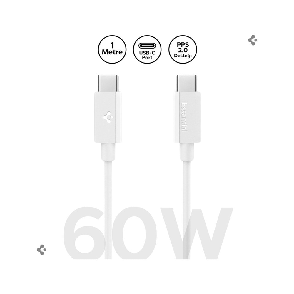 Spigen USB-C to USB-C 1 Metre Kablo 60W Güç / PPS 2.0 Super Hızlı Şarj / 480 Mbps Data Aktarım Hızı Type-C Ekstra Dayanıklı White