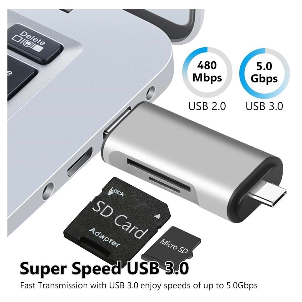 Type C Usb Kart Okuyucu Micro Sd Card Reader Çevirici Dönüştürücü Adaptör 4858