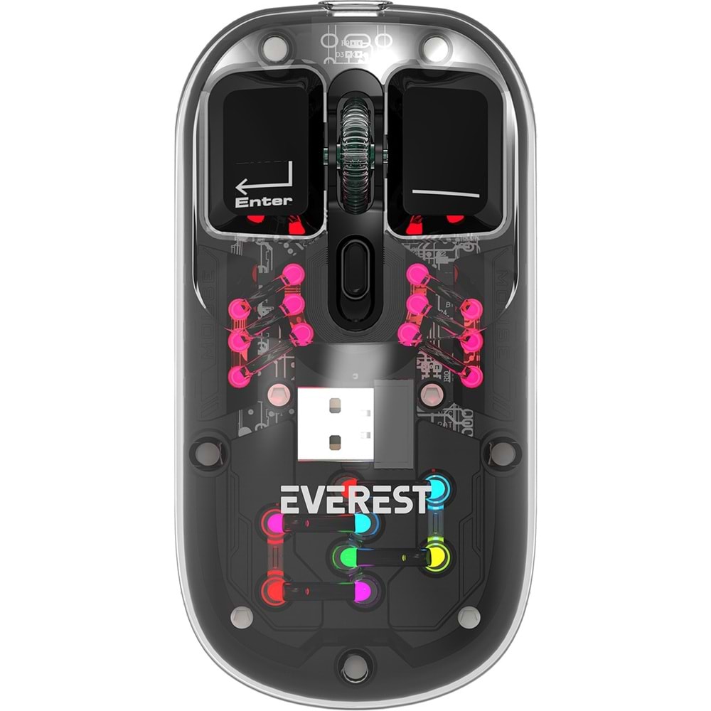 Everest SM-BT89 Opal Şarj Edilebilir Sessiz Siyah Transparan Rgb 2in1 2bt ve 2.4ghz Kablosuz Mouse