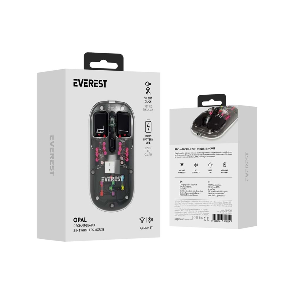 Everest SM-BT89 Opal Şarj Edilebilir Sessiz Siyah Transparan Rgb 2in1 2bt ve 2.4ghz Kablosuz Mouse