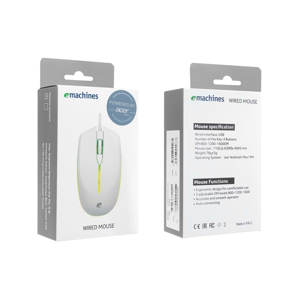 Acer Emachines EAM020 USB Beyaz Rainbow Aydınlatmalı Mouse