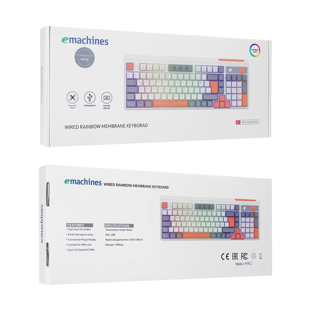 Acer eMachines EAK860 Beyaz USB Rainbow Aydınlatmalı Q Standart Kompakt Klavye