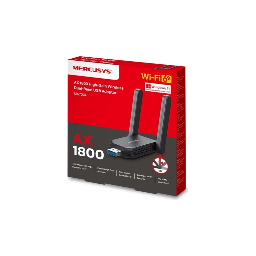 Mercusys MA72XH | USB Wi-Fi Adaptör | AX1800 Mbps Hız | Çift Bant | Yüksek Çekim Güçlü Antenler | USB 3.0 | Wpa3 | Mu-Mımo