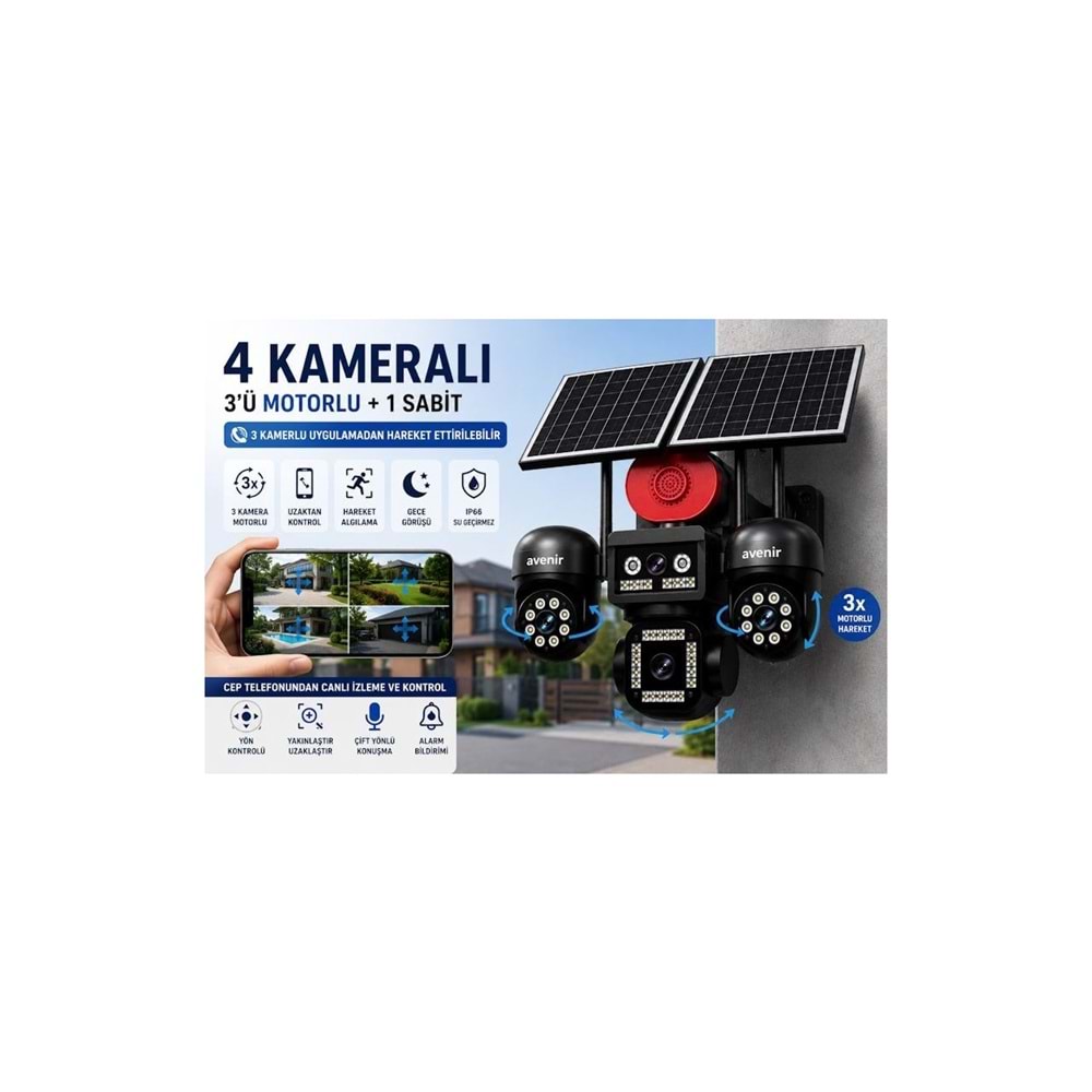 AVENİR AV-S446 4 Kameralı Sirenli 3 Motorlu+ 1 Sabit 8mp E Sim 4g Sim Kartlı Ptz Kamera
