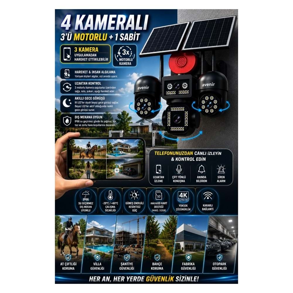 AVENİR AV-S446 4 Kameralı Sirenli 3 Motorlu+ 1 Sabit 8mp E Sim 4g Sim Kartlı Ptz Kamera
