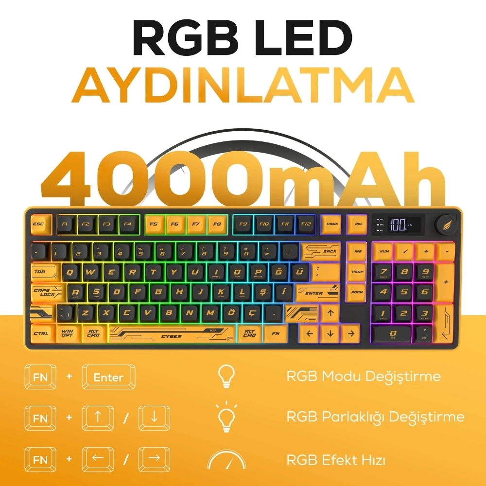 Hawk Gaming HK258CY Membrane LCD RGB Kablosuz/Bluetooth Cyber Sarı Siyah Full Türkçe Gaming Klavye