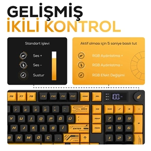 Hawk Gaming HK258CY Membrane LCD RGB Kablosuz/Bluetooth Cyber Sarı Siyah Full Türkçe Gaming Klavye