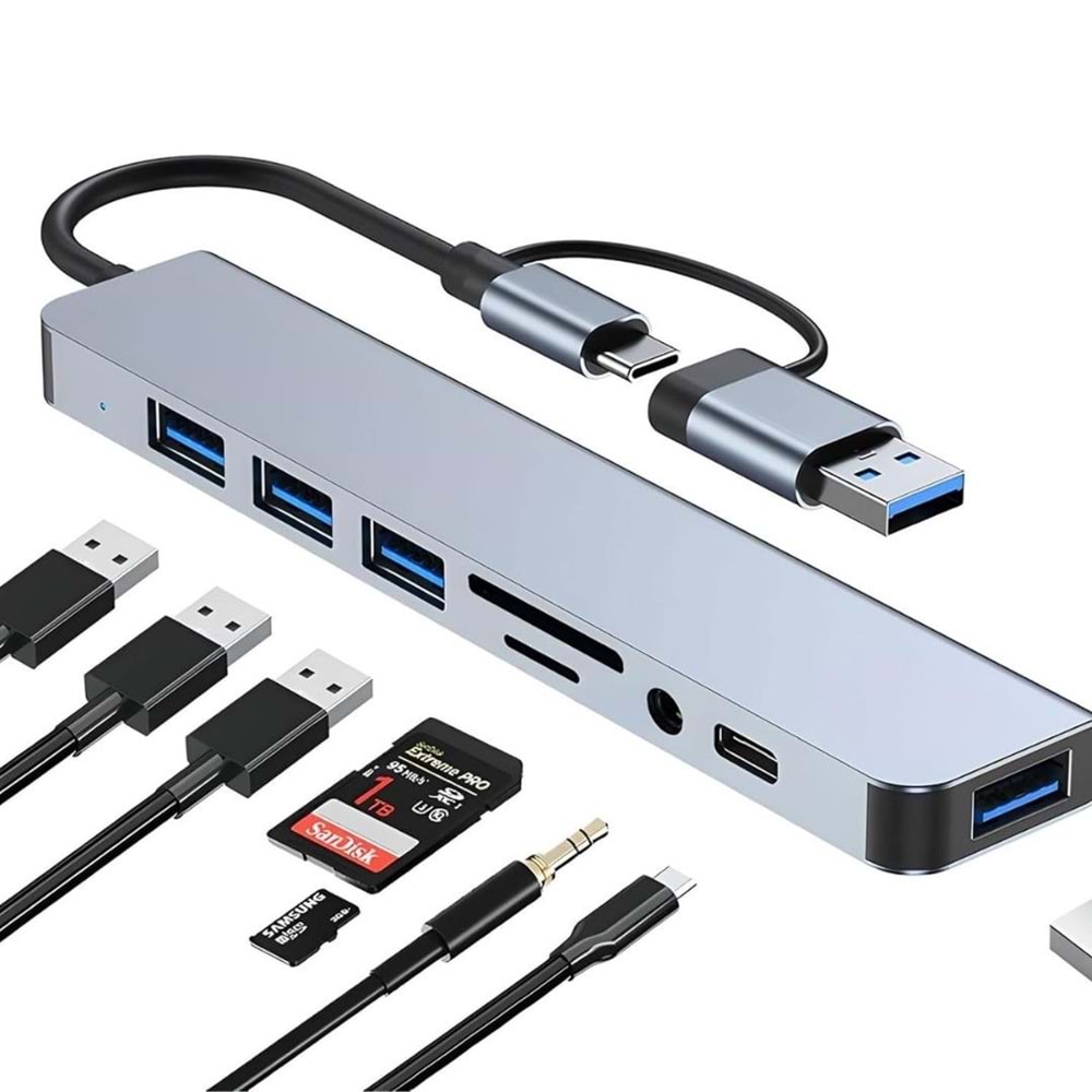 8 in 2 USB-C & USB 3.0 Hub Çoklayıcı USB, Type-C, SD/TF ve Aux Çevirici