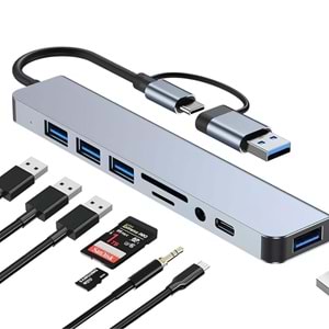 8 in 2 USB-C & USB 3.0 Hub Çoklayıcı USB, Type-C, SD/TF ve Aux Çevirici