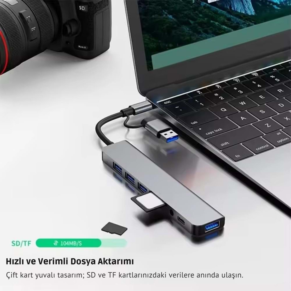 8 in 2 USB-C & USB 3.0 Hub Çoklayıcı USB, Type-C, SD/TF ve Aux Çevirici