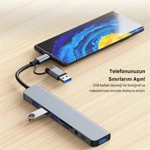 8 in 2 USB-C & USB 3.0 Hub Çoklayıcı USB, Type-C, SD/TF ve Aux Çevirici
