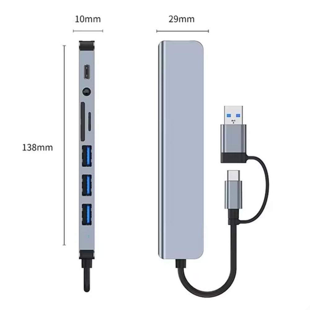 8 in 2 USB-C & USB 3.0 Hub Çoklayıcı USB, Type-C, SD/TF ve Aux Çevirici
