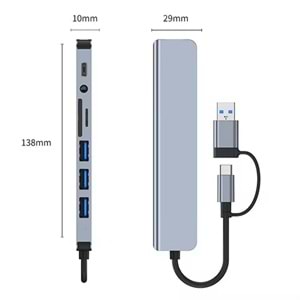 8 in 2 USB-C & USB 3.0 Hub Çoklayıcı USB, Type-C, SD/TF ve Aux Çevirici