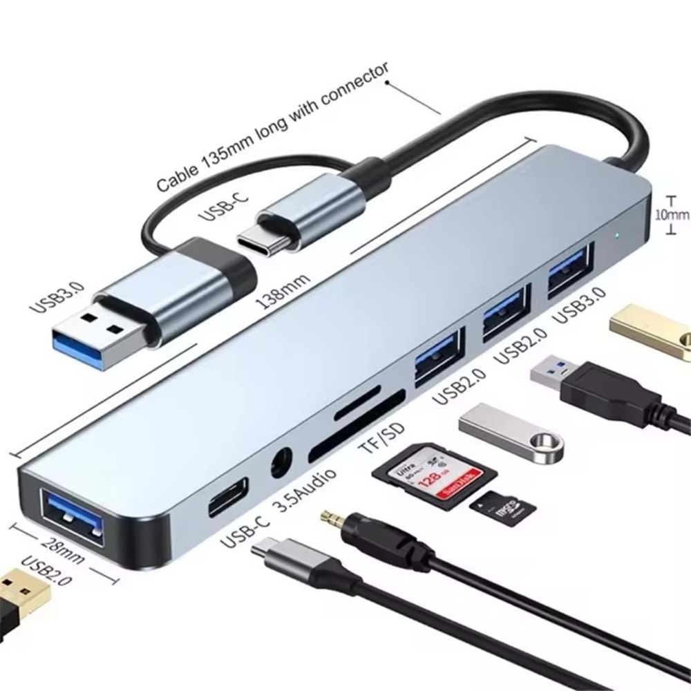 8 in 2 USB-C & USB 3.0 Hub Çoklayıcı USB, Type-C, SD/TF ve Aux Çevirici