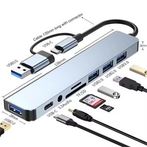 8 in 2 USB-C & USB 3.0 Hub Çoklayıcı USB, Type-C, SD/TF ve Aux Çevirici