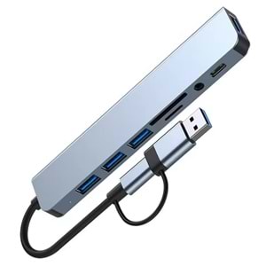 8 in 2 USB-C & USB 3.0 Hub Çoklayıcı USB, Type-C, SD/TF ve Aux Çevirici