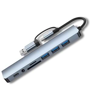 8 in 2 USB-C & USB 3.0 Hub Çoklayıcı USB, Type-C, SD/TF ve Aux Çevirici