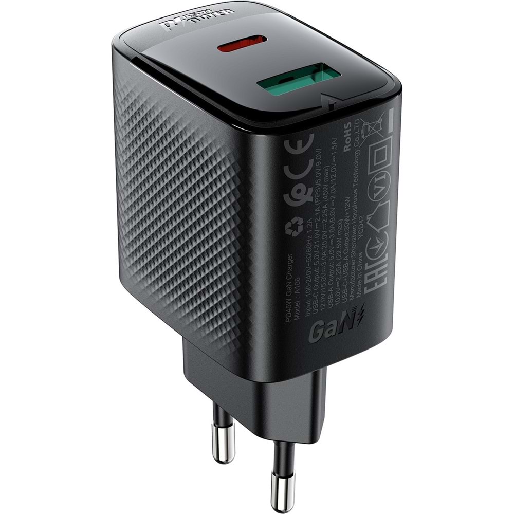Acefast 45W PD USB-C + USB-A 2 Port Hızlı Şarj Aleti Isı Düşüren GaN Destekli Akım Korumalı Güç Adaptörü iPhone & Android & iPad