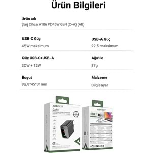 Acefast 45W PD USB-C + USB-A 2 Port Hızlı Şarj Aleti Isı Düşüren GaN Destekli Akım Korumalı Güç Adaptörü iPhone & Android & iPad