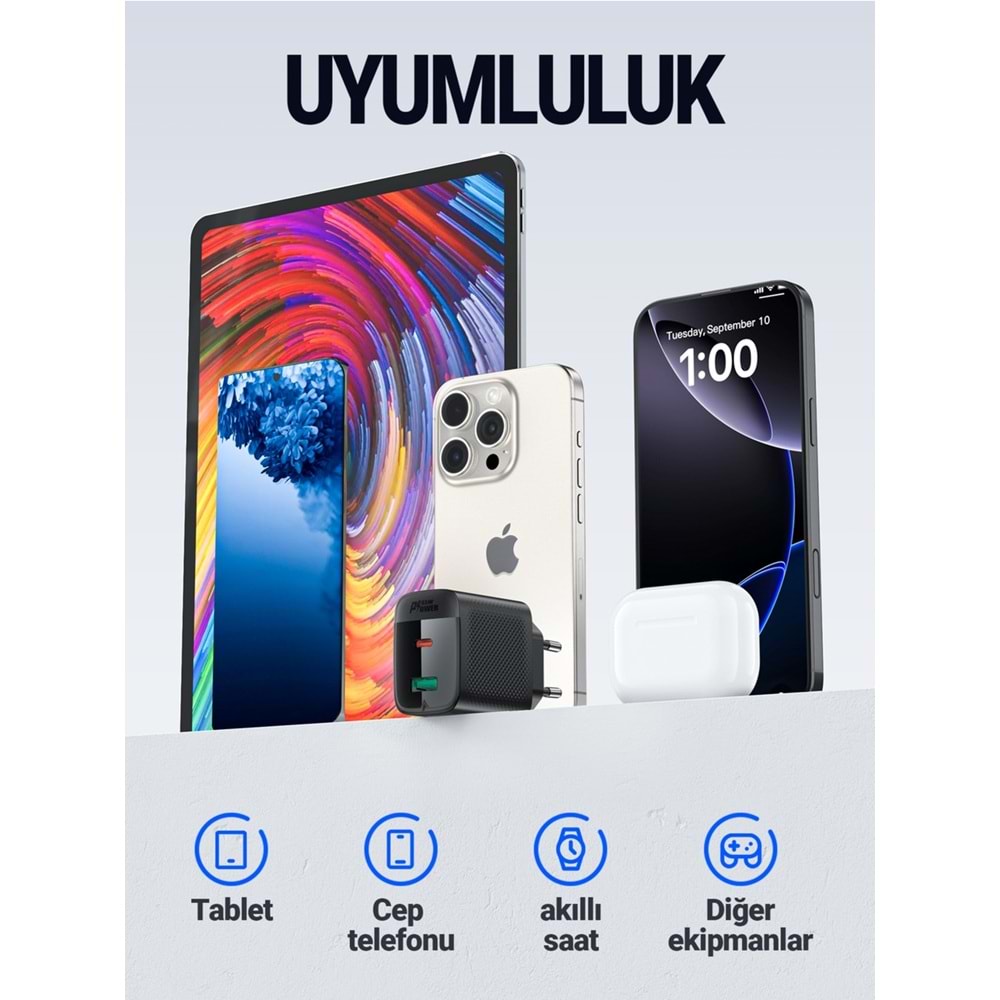 Acefast 45W PD USB-C + USB-A 2 Port Hızlı Şarj Aleti Isı Düşüren GaN Destekli Akım Korumalı Güç Adaptörü iPhone & Android & iPad