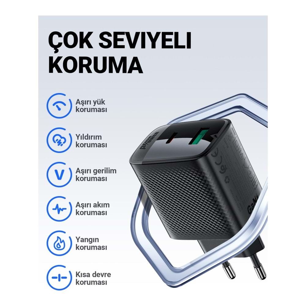 Acefast 45W PD USB-C + USB-A 2 Port Hızlı Şarj Aleti Isı Düşüren GaN Destekli Akım Korumalı Güç Adaptörü iPhone & Android & iPad
