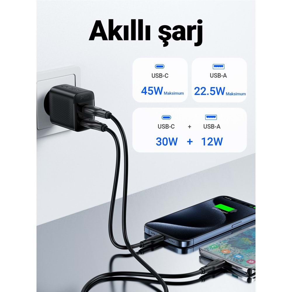 Acefast 45W PD USB-C + USB-A 2 Port Hızlı Şarj Aleti Isı Düşüren GaN Destekli Akım Korumalı Güç Adaptörü iPhone & Android & iPad