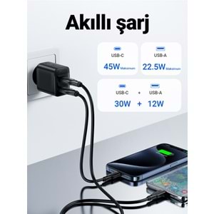 Acefast 45W PD USB-C + USB-A 2 Port Hızlı Şarj Aleti Isı Düşüren GaN Destekli Akım Korumalı Güç Adaptörü iPhone & Android & iPad