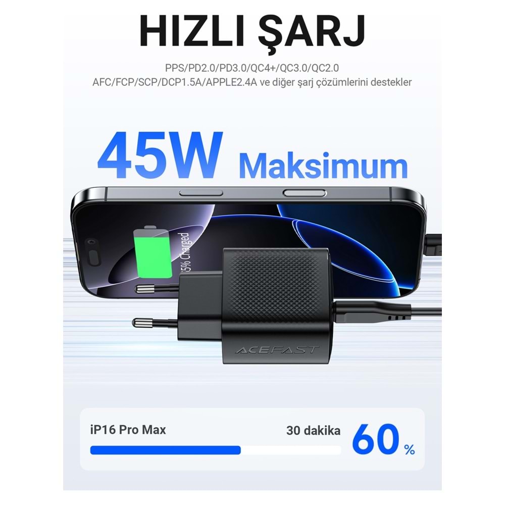 Acefast 45W PD USB-C + USB-A 2 Port Hızlı Şarj Aleti Isı Düşüren GaN Destekli Akım Korumalı Güç Adaptörü iPhone & Android & iPad