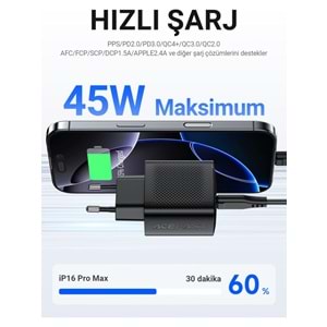 Acefast 45W PD USB-C + USB-A 2 Port Hızlı Şarj Aleti Isı Düşüren GaN Destekli Akım Korumalı Güç Adaptörü iPhone & Android & iPad