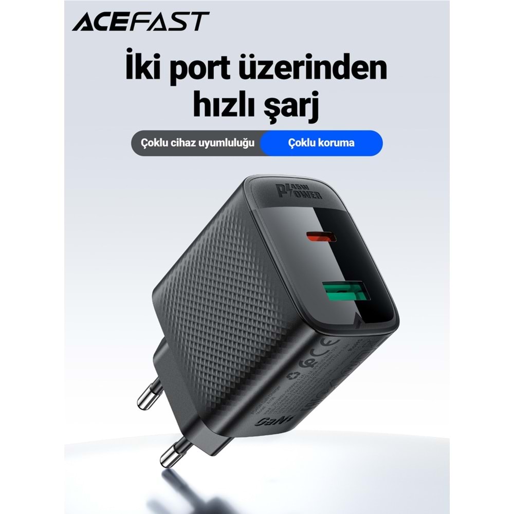 Acefast 45W PD USB-C + USB-A 2 Port Hızlı Şarj Aleti Isı Düşüren GaN Destekli Akım Korumalı Güç Adaptörü iPhone & Android & iPad