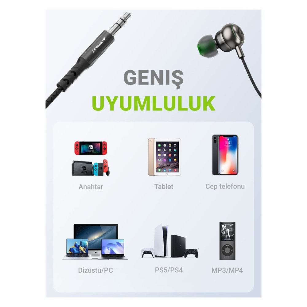 Acefast 3.5mm Kablolu HD Mikrofonlu Kulaklık Uzaktan Kumandalı Aux Girişli Kulaklık 1.2 Metre - Siyah - L4 (Acefast Türkiye Garantili)