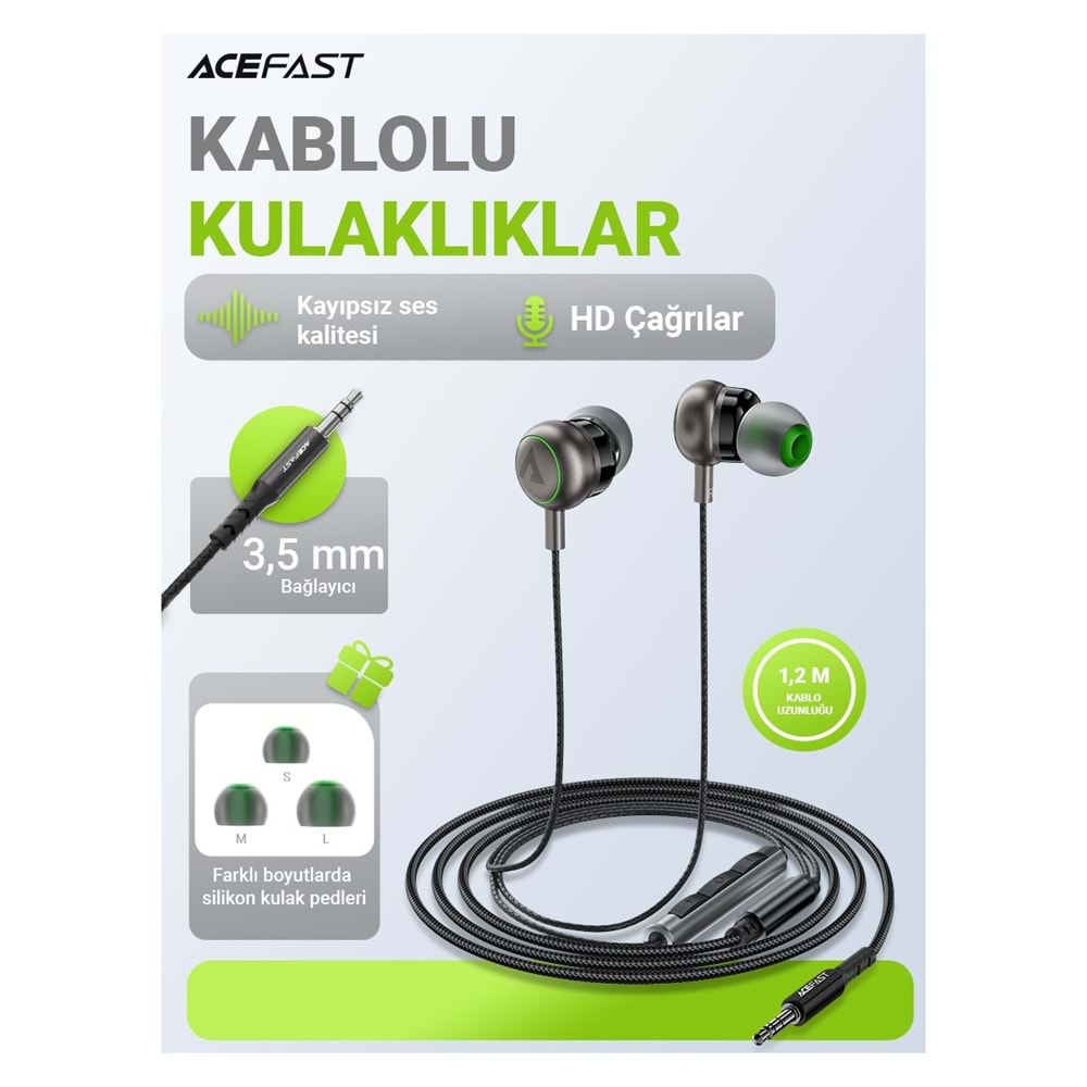 Acefast 3.5mm Kablolu HD Mikrofonlu Kulaklık Uzaktan Kumandalı Aux Girişli Kulaklık 1.2 Metre - Siyah - L4 (Acefast Türkiye Garantili)
