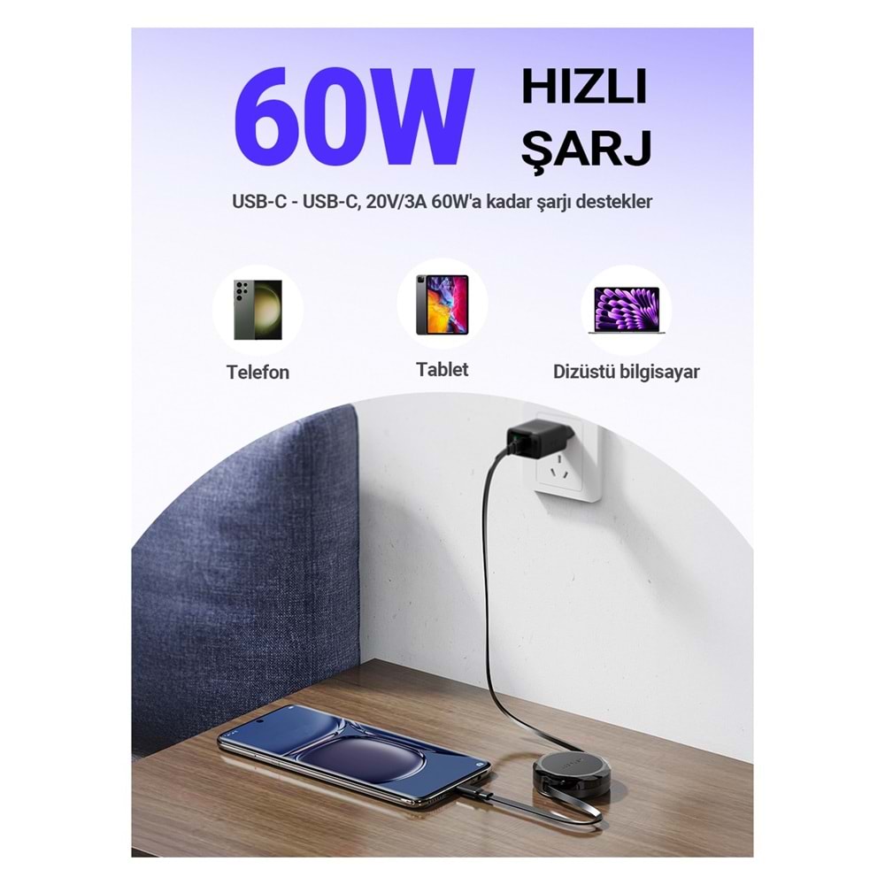 Acefast USB-C to USB-C Makaralı Kablo 60W Güç 0.8 Metre PPS 2.0 - Super Hızlı Şarj - Apple Uyumlu Type-C Şarj Data Kablosu - C13-03 (Acefast Türkiye Garantili)