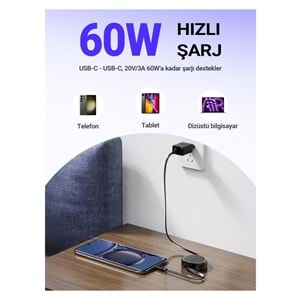 Acefast USB-C to USB-C Makaralı Kablo 60W Güç 0.8 Metre PPS 2.0 - Super Hızlı Şarj - Apple Uyumlu Type-C Şarj Data Kablosu - C13-03 (Acefast Türkiye Garantili)
