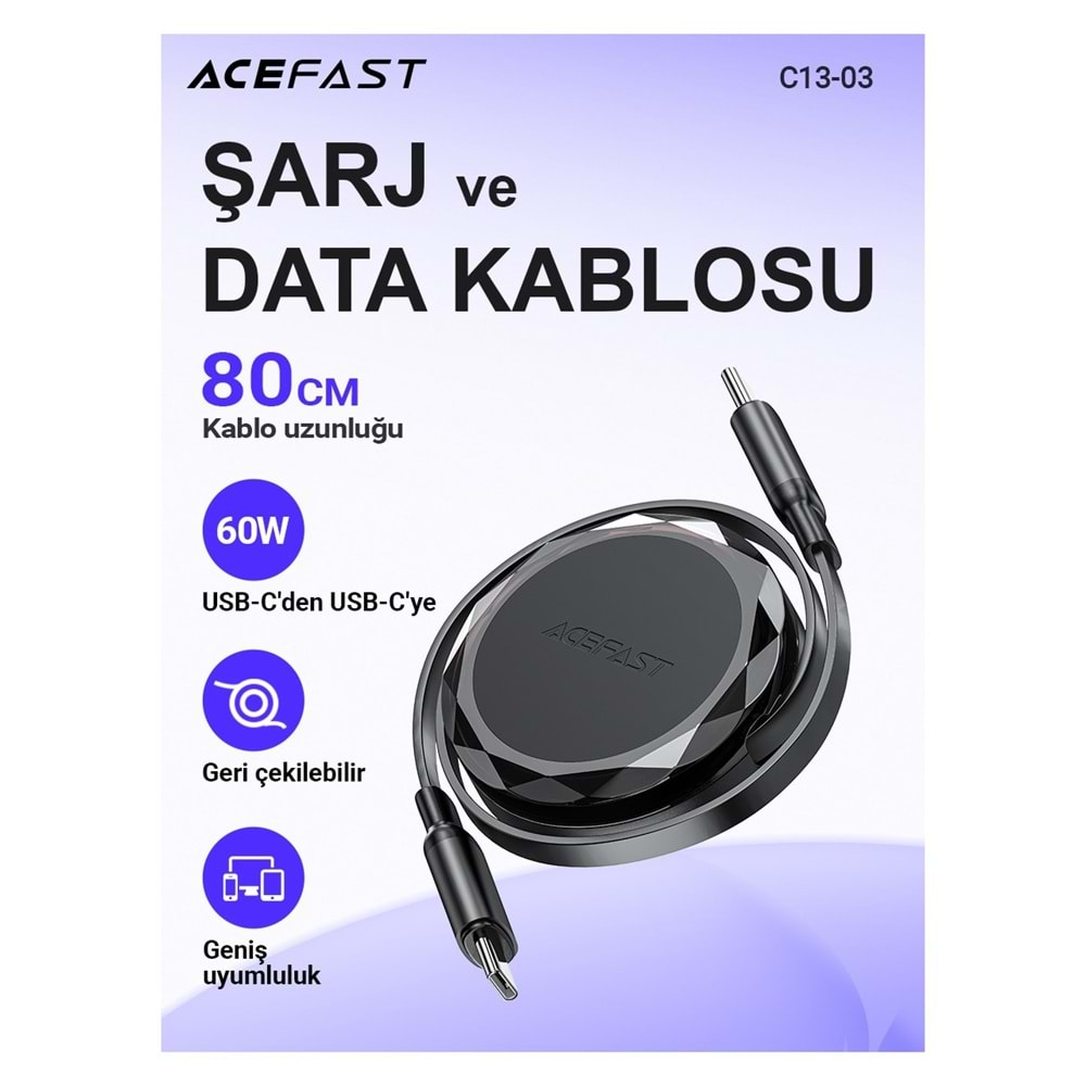 Acefast USB-C to USB-C Makaralı Kablo 60W Güç 0.8 Metre PPS 2.0 - Super Hızlı Şarj - Apple Uyumlu Type-C Şarj Data Kablosu - C13-03 (Acefast Türkiye Garantili)