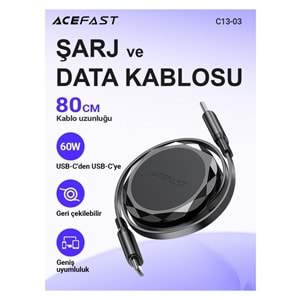 Acefast USB-C to USB-C Makaralı Kablo 60W Güç 0.8 Metre PPS 2.0 - Super Hızlı Şarj - Apple Uyumlu Type-C Şarj Data Kablosu - C13-03 (Acefast Türkiye Garantili)