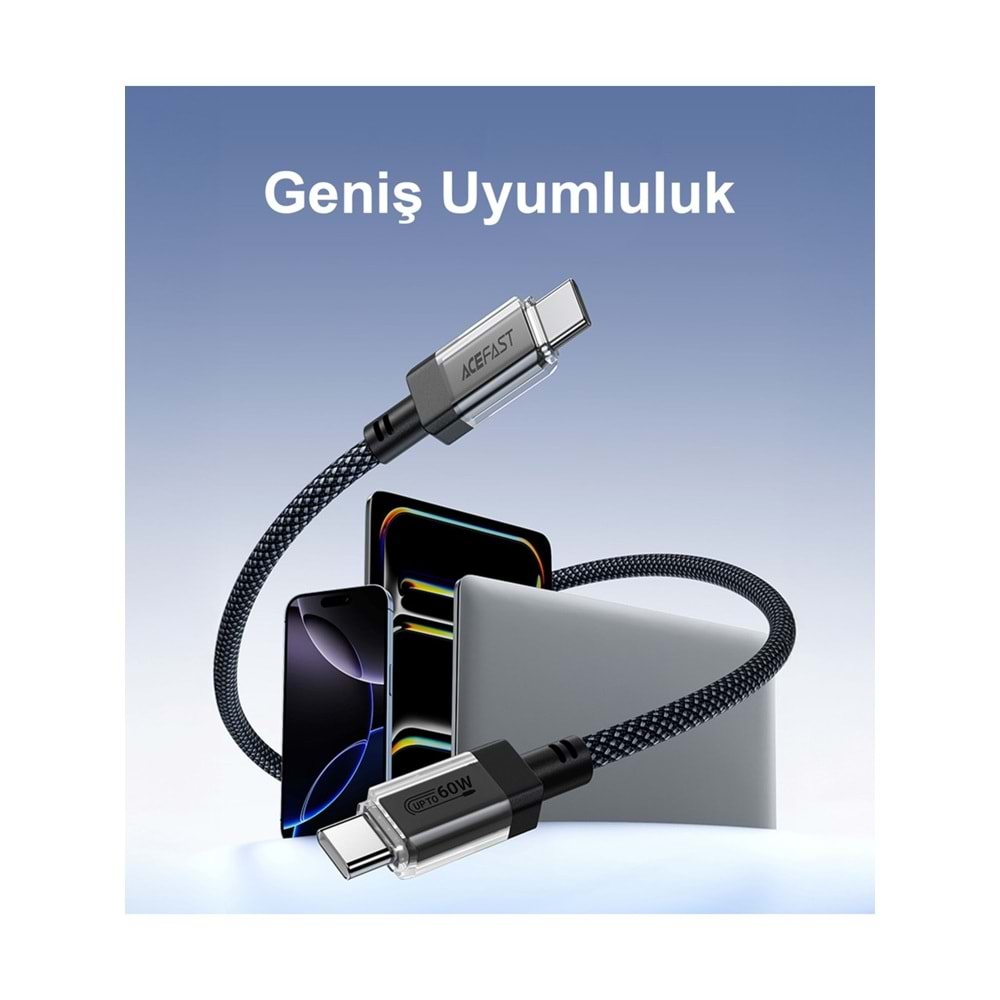 Acefast USB-C to USB-C PD60W Güç 1.2 Metre Kablo PPS 2.0 - Super Hızlı Şarj - Apple Uyumlu Type-C Şarj Data Kablosu - C12-03
