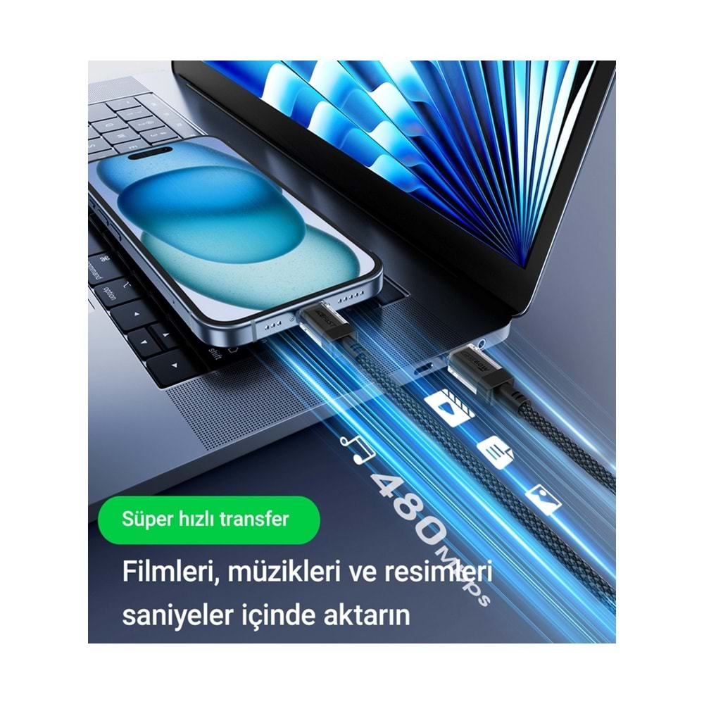 Acefast USB-C to USB-C PD60W Güç 1.2 Metre Kablo PPS 2.0 - Super Hızlı Şarj - Apple Uyumlu Type-C Şarj Data Kablosu - C12-03