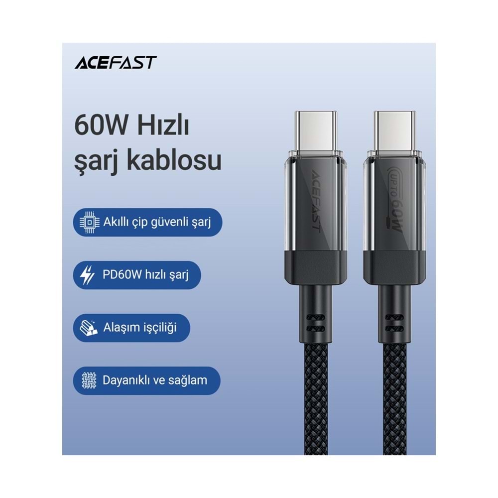 Acefast USB-C to USB-C PD60W Güç 1.2 Metre Kablo PPS 2.0 - Super Hızlı Şarj - Apple Uyumlu Type-C Şarj Data Kablosu - C12-03