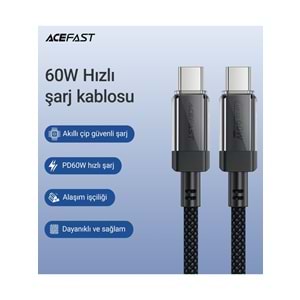 Acefast USB-C to USB-C PD60W Güç 1.2 Metre Kablo PPS 2.0 - Super Hızlı Şarj - Apple Uyumlu Type-C Şarj Data Kablosu - C12-03