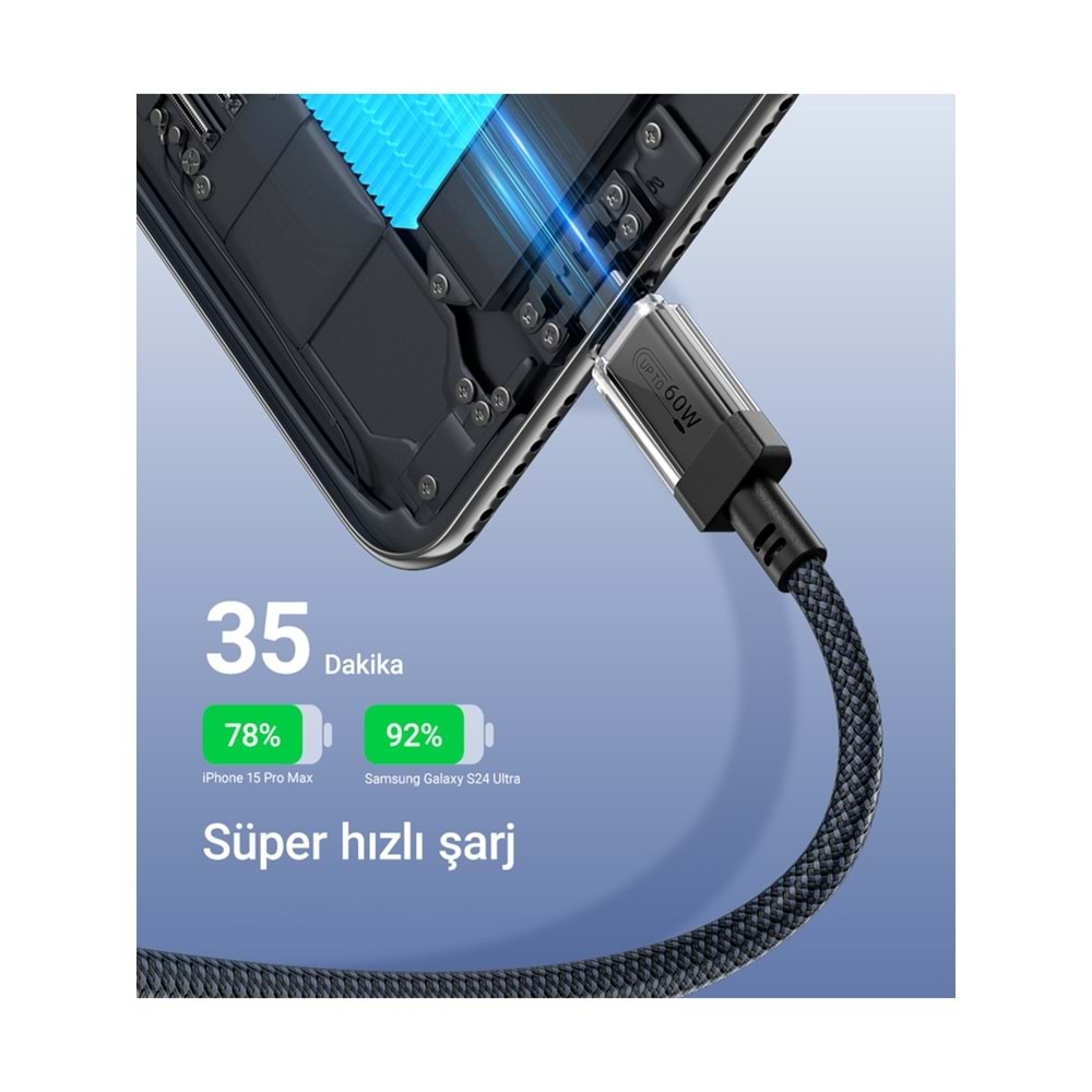 Acefast USB-C to USB-C PD60W Güç 1.2 Metre Kablo PPS 2.0 - Super Hızlı Şarj - Apple Uyumlu Type-C Şarj Data Kablosu - C12-03