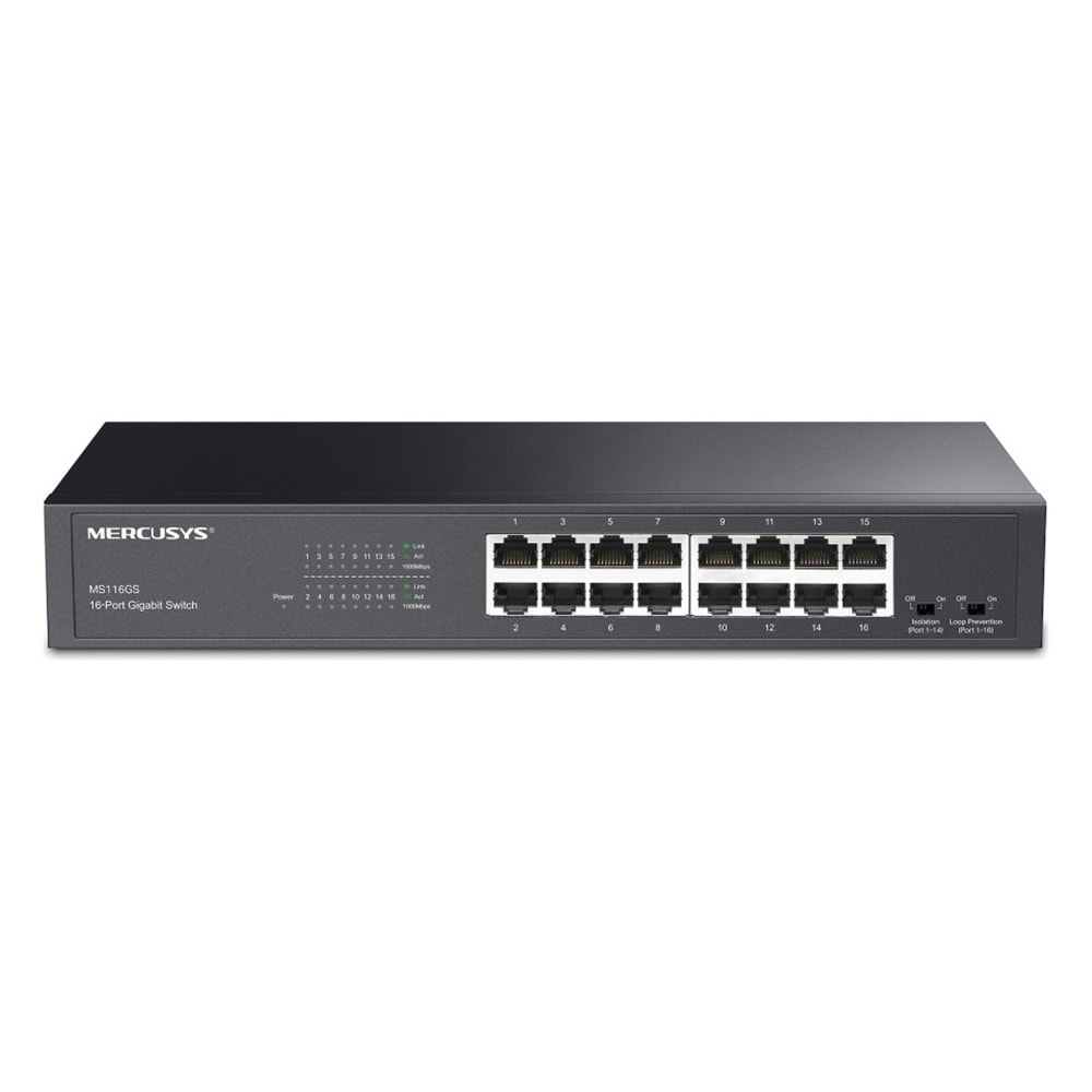 Mercusys MS116GS; 16X Gigabit Ethernet Port, Metal Kasa, Izolasyon Modu, Sessiz Çalışma Modu, Gigabit Ethernet Switch