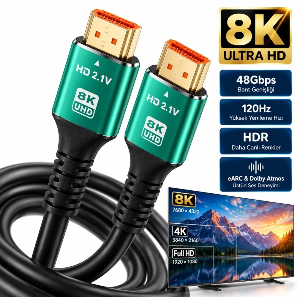 Hdmi 2.1 8K Ultra Hd Kablo 2 Metre 48Gbps 4K 120Hz Altın Uçlu Kablo Led Tv 6122