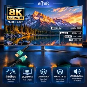 Hdmi 2.1 8K Ultra Hd Kablo 2 Metre 48Gbps 4K 120Hz Altın Uçlu Kablo Led Tv 6122