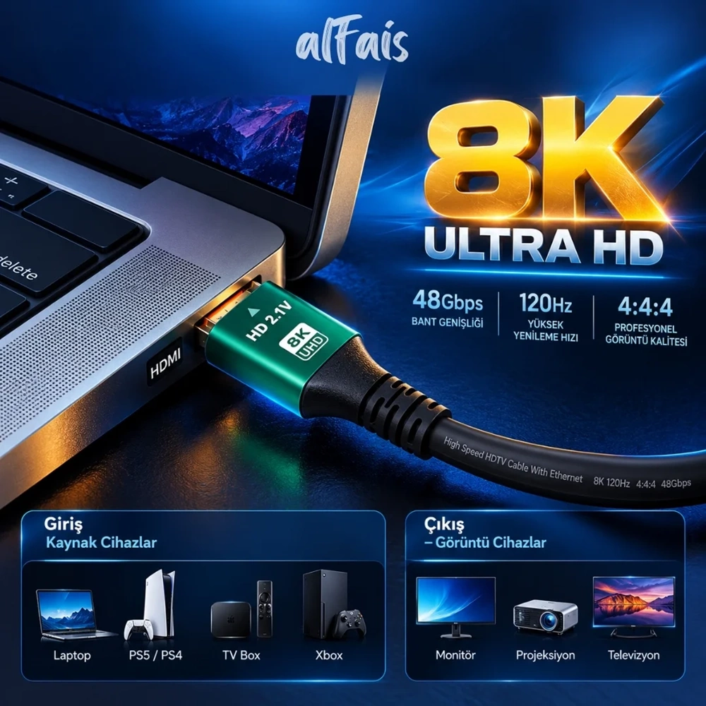 Hdmi 2.1 8K Ultra Hd Kablo 2 Metre 48Gbps 4K 120Hz Altın Uçlu Kablo Led Tv 6122